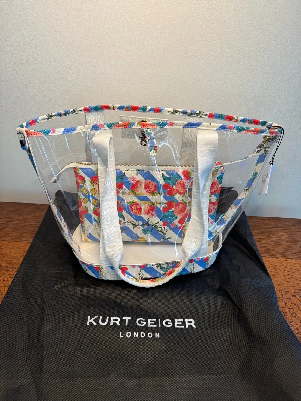 NWT Kurt Geiger Hampstead Clear Vinyl Strawberry Tote w/Pouch and Dustbag